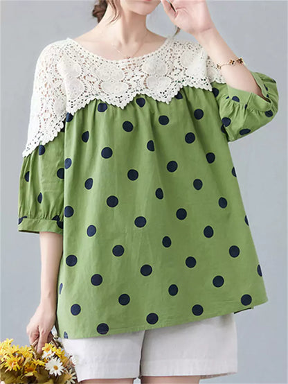 Süße, kurzärmelige Bluse im französischen Stil mit Polka-Dot-Spitzenapplikationen
