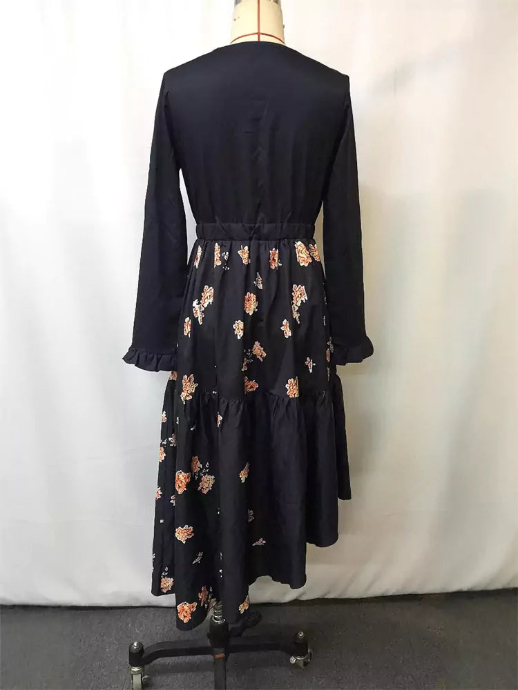 Vintage Ethnic Style Boho Floral Print Dress Long Sleeve