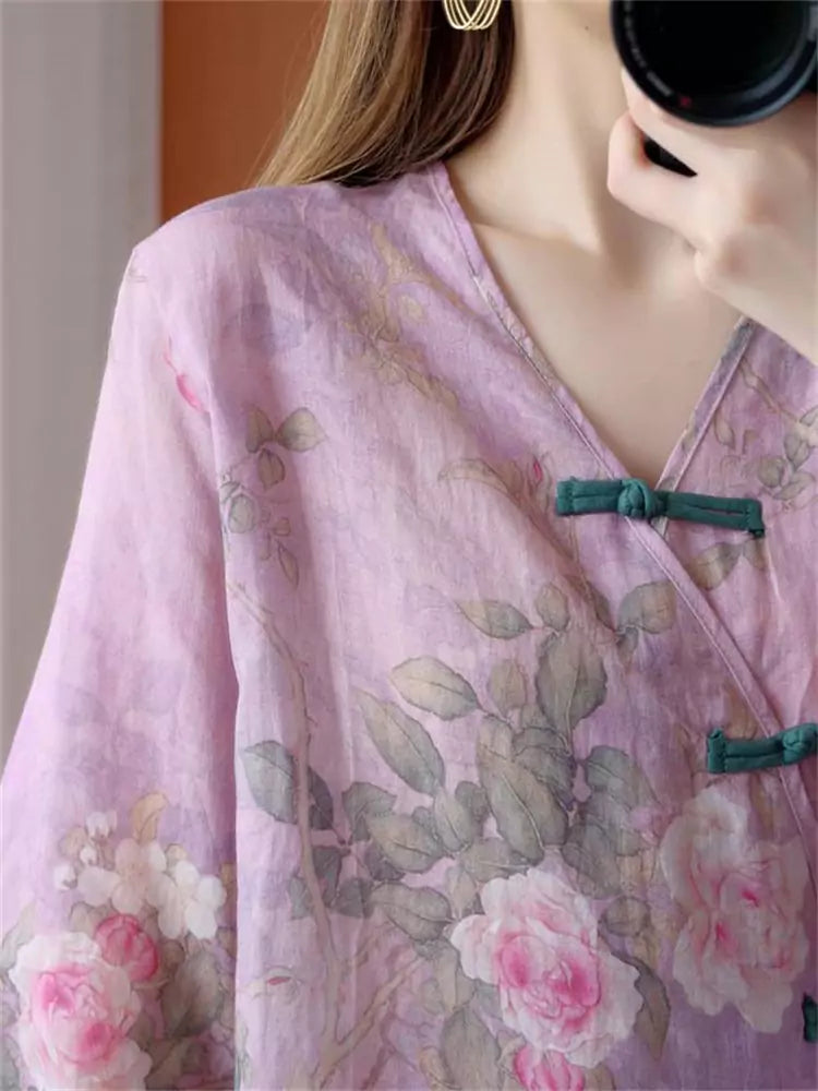 Vintage Chinese Style Floral V-Neck Cotton Linen Asymmetrical Blouse for Women