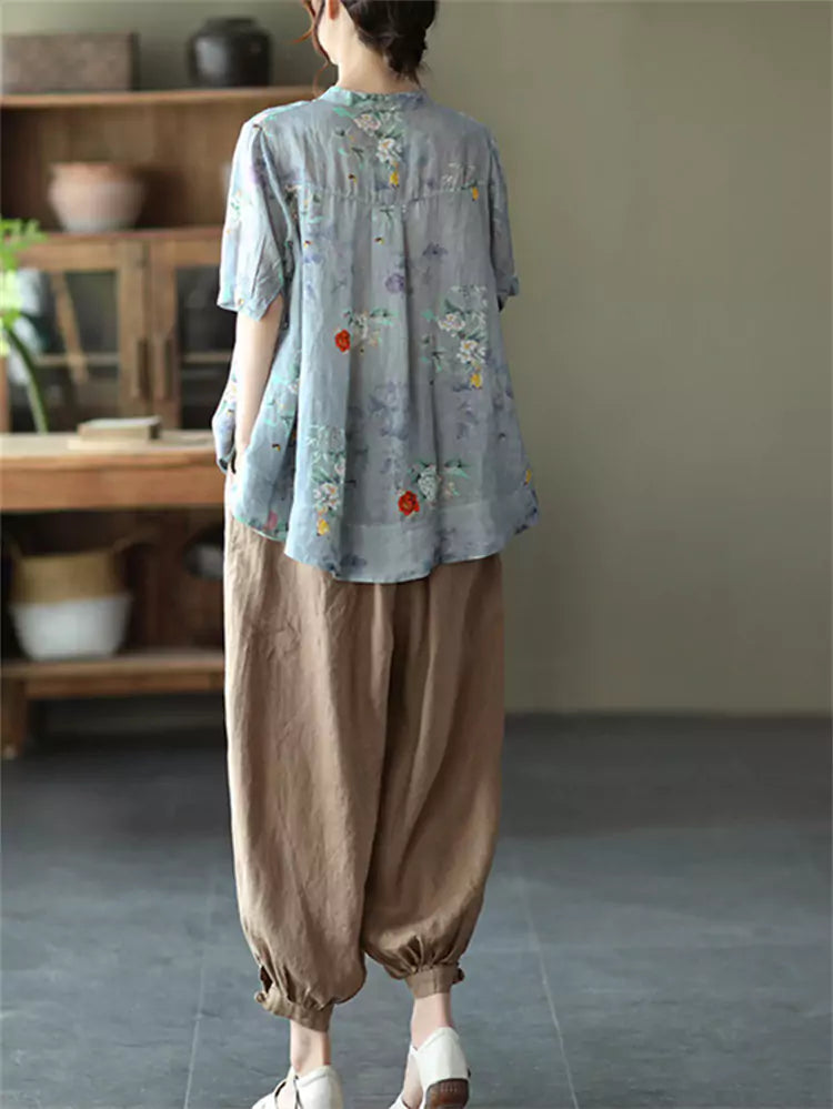 Plus Size Summer Vintage Floral Cotton Linen Blouse for Women Short Sleeve