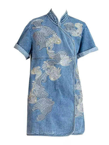 Modern Chinese Style Denim Embroidered Cheongsam with Waist-Cinching Design