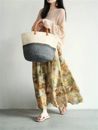 Vintage-Maxirock mit künstlerischem Ölgemälde-Print und fließender A-Linien-Silhouette