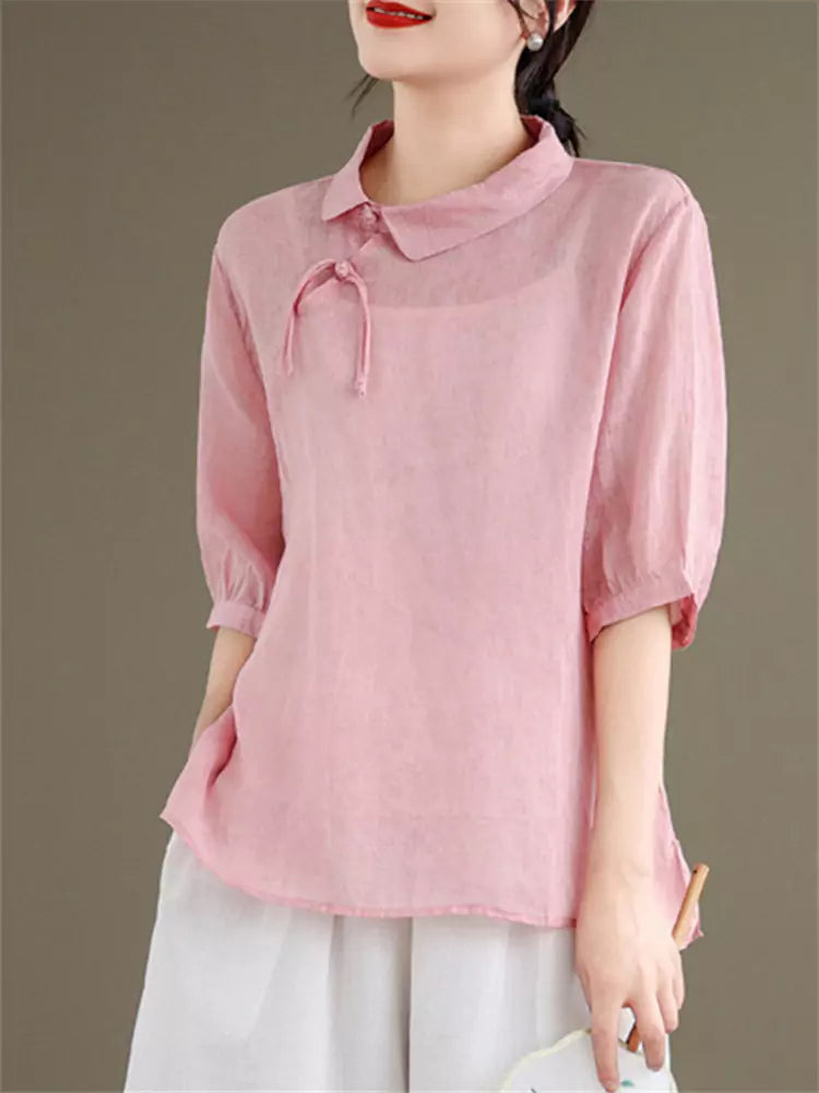 Elegant New Chinese Style Ramie Shirt for Women Half Sleeve