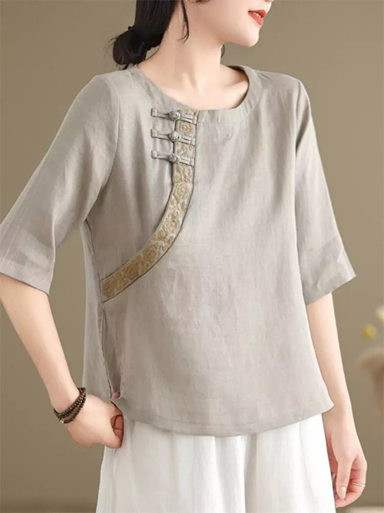 Vintage Chinese Style Short Sleeve Embroidered Linen Blouse for Women with Diagonal Placket and Frog Buttons