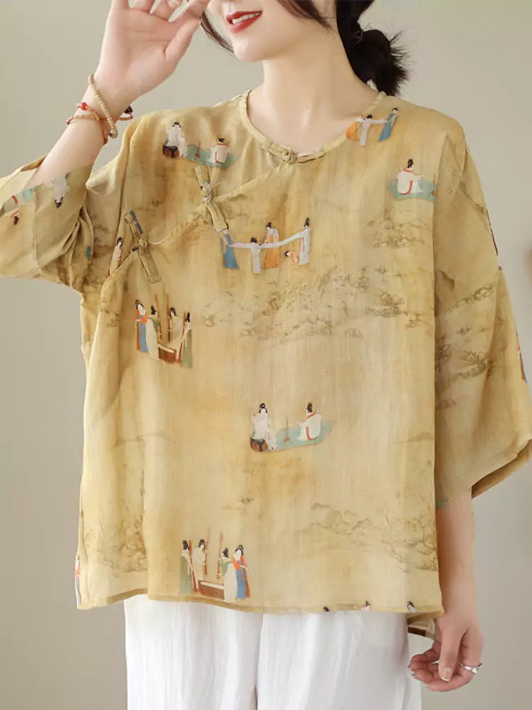 Plus Size Chinese Style Cotton Linen Printed Blouse for Women 3/4 Sleeve with Frog Buttons