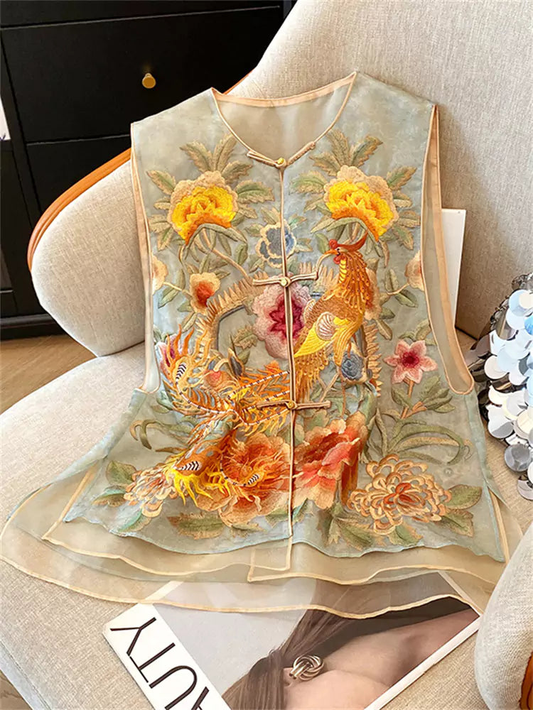 Chinese Style Silk Jacquard Embroidered Women's Vest Round Neck Knot Button