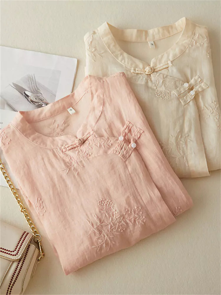 Zen Style Embroidered Cotton Linen Shirt with Knot Buttons (Summer 3/4 Sleeve)