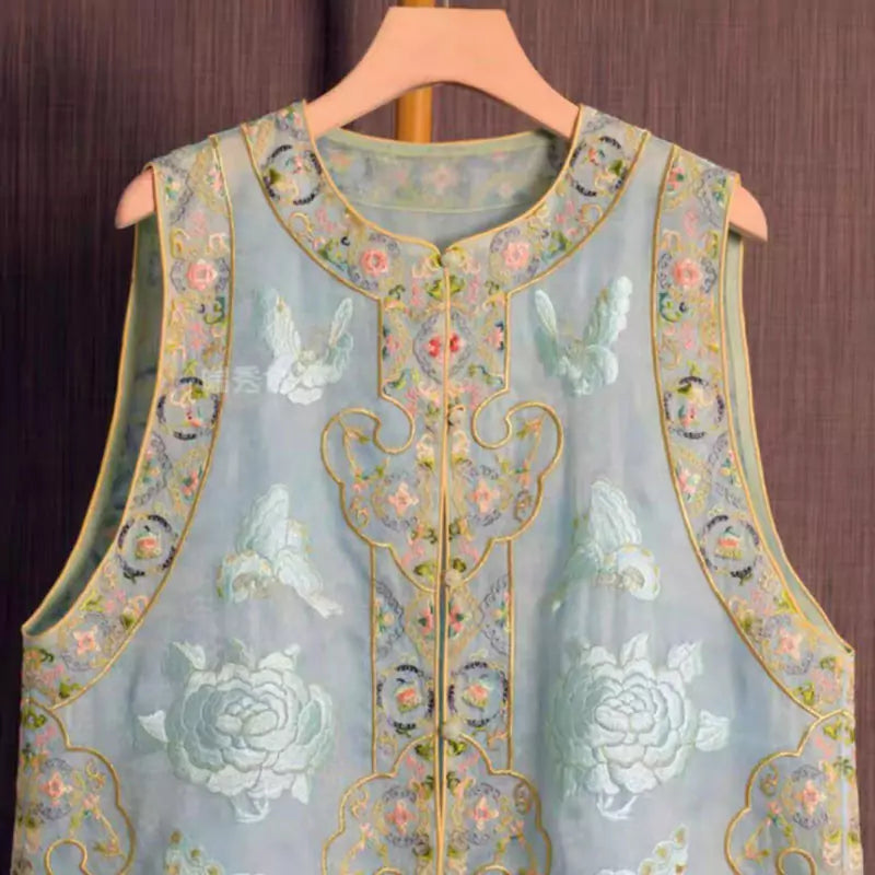 Women's Spring Chinese Style Embroidered Jacquard Vest with Retro Knot Buttons