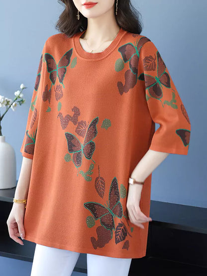 Top de punto estampado con cuello redondo y manga corta para mujer, de talla grande y moderno