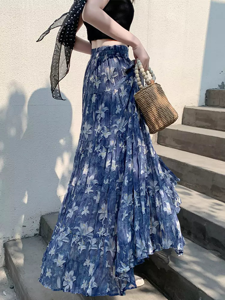 Elegant Pleated Floral Print  A-Line Skirt with Flowing Drape