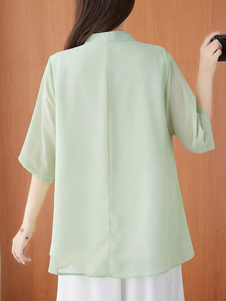 Embroidered Mandarin Collar Casual Tang-Inspired Blouse for Women