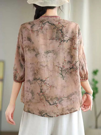 Leichte, locker sitzende Fünf-Ärmel-Bluse aus Ramie im chinesischen Stil für Damen