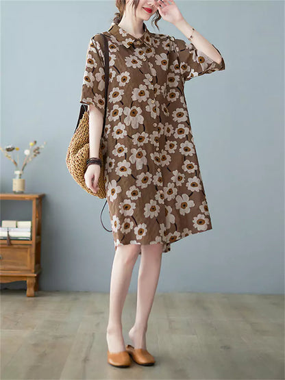 Summer Loose Fit Vintage Floral Short Sleeve Cotton Linen Shirt Dress