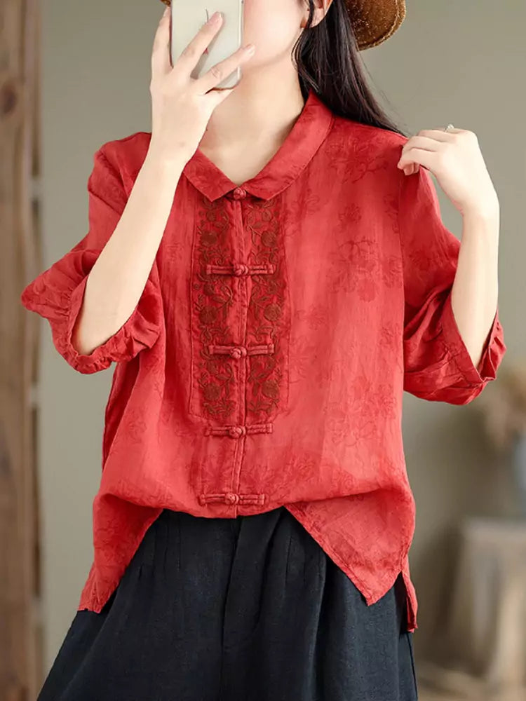 New Chinese Style Embroidered Ramie Blouse for Women Frog Button with Stylish Half Sleeves