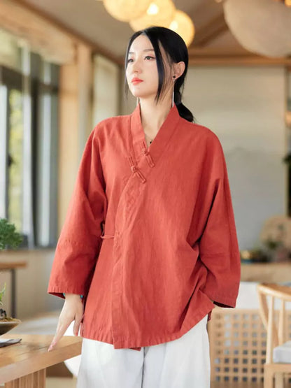 Vintage-Bluse aus gewaschenem Leinen-Baumwoll-Mischgewebe im chinesischen Stil mit Stehkragen für Damen