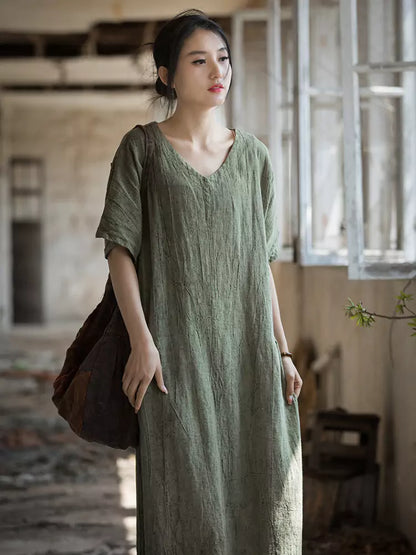 Neues handgefärbtes Maxikleid aus Ramie im chinesischen Stil mit V-Ausschnitt für Damen