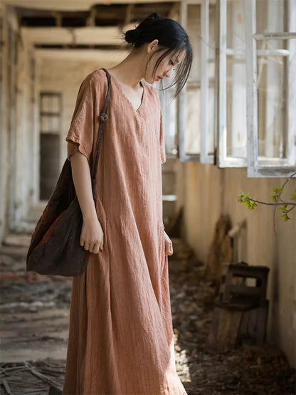 Neues handgefärbtes Maxikleid aus Ramie im chinesischen Stil mit V-Ausschnitt für Damen