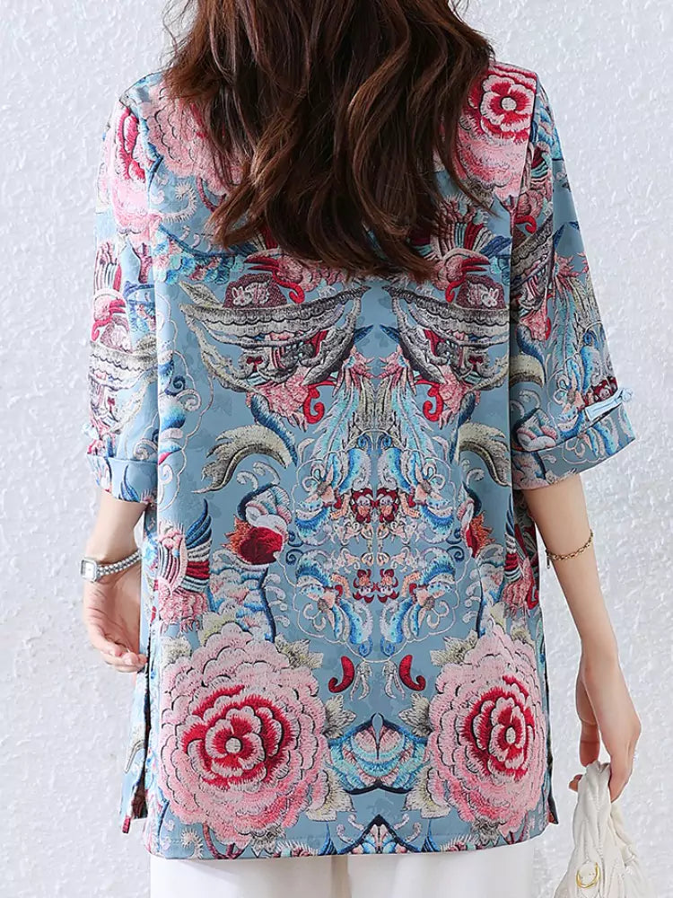 Oriental Elegant Half Sleeve Floral Printed Blouse for Women with Frog Buttons