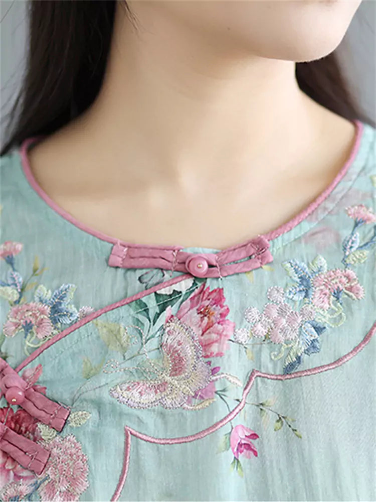 Chinese Style Embroidered Diagonal Placket Half Sleeve Zen-Inspired Ramie Shirt for Women