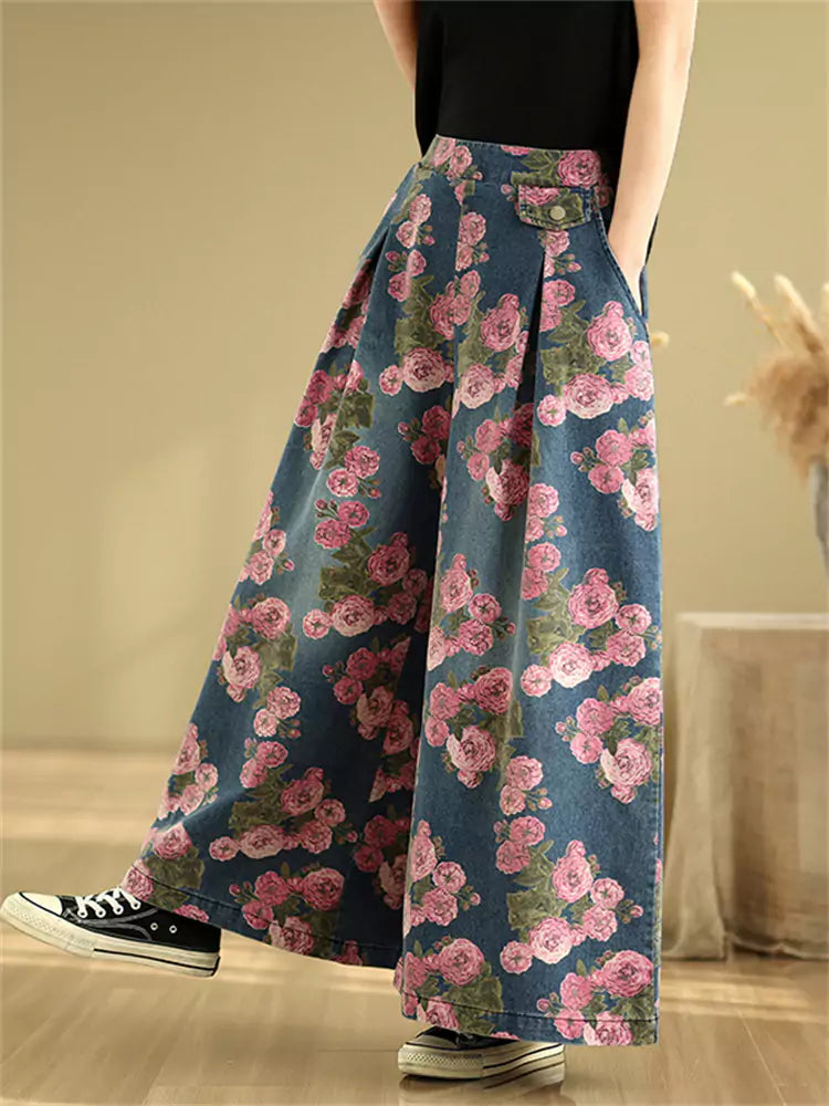 Plus Size Vintage Floral Printed Denim Wide Leg Pants for Women