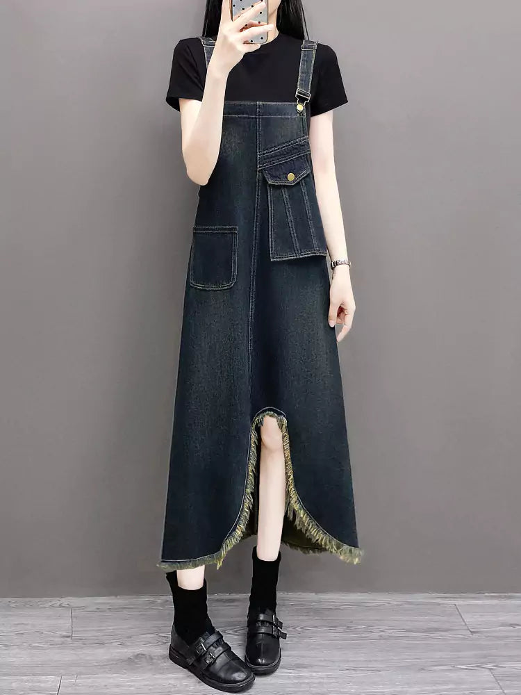 Front Slit Loose Fit Denim Overall Dress for Women with Raw Hem Trendy Style