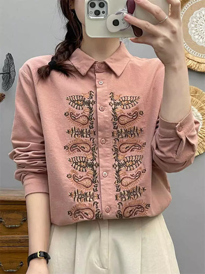 Camisa de manga larga de algodón cepillado con bordado intenso para mujer