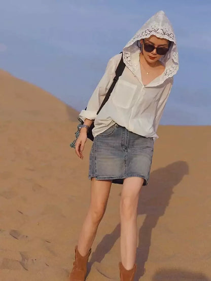 Camisa de sol con capucha de crochet hueco estilo francés para mujer