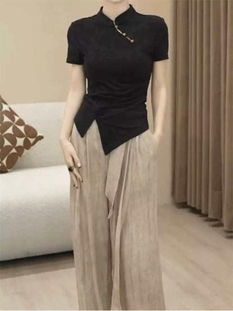Plus Size Vintage Stand Collar Short Sleeve Irregular Split Hem Blouse