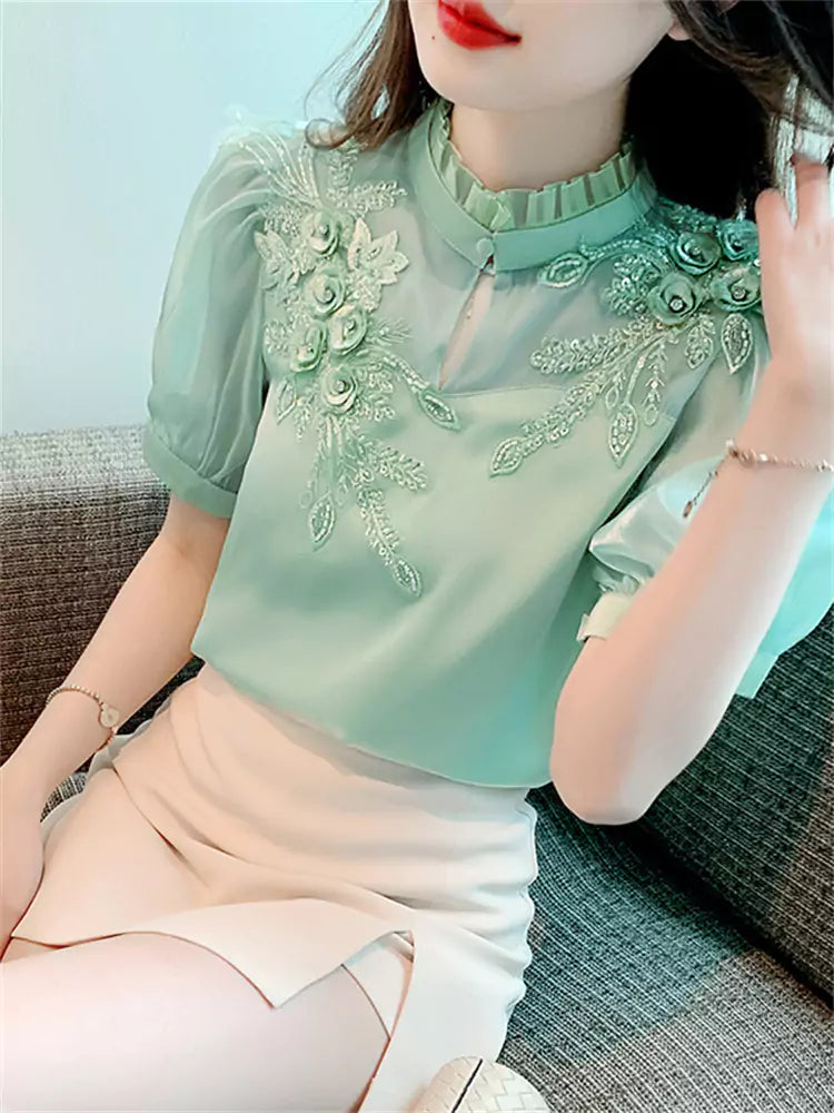 Summer Puff Sleeve 3D Flower Chiffon Blouse for Women