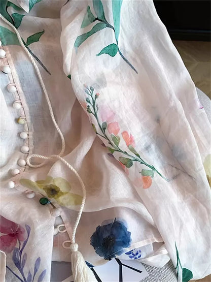 Sonnenschutz-Shirt mit Blumenmuster im Urlaubsstil zum Binden für Damen