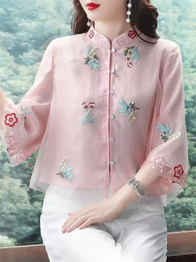 Vintage Embroidery Mandarin Collar Button Up Blouse for Women