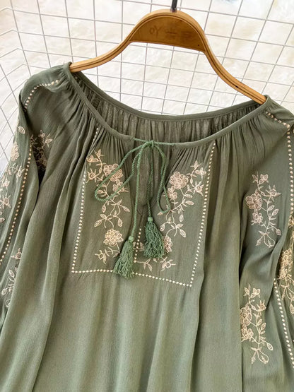 Vintage rote Babydoll-Bluse im Boho-Stil mit Stickerei und langen Ärmeln für Damen