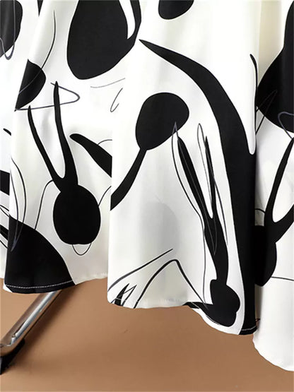 Hochtaillierter, fließender Chiffon-Midirock mit künstlerischem Tintenwasch-Print