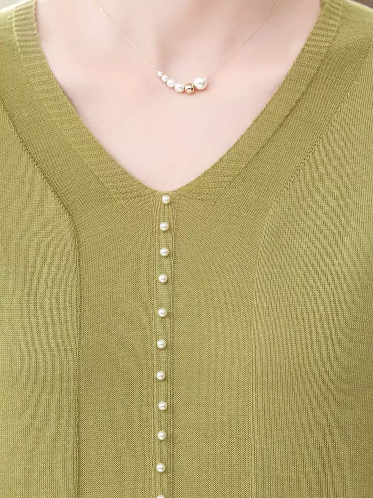 Trendy V-Neck Knit Top with Sheer Mesh Sleeves for Women