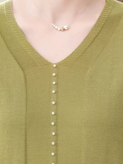 Top de punto con cuello en V y mangas de malla transparente para mujer