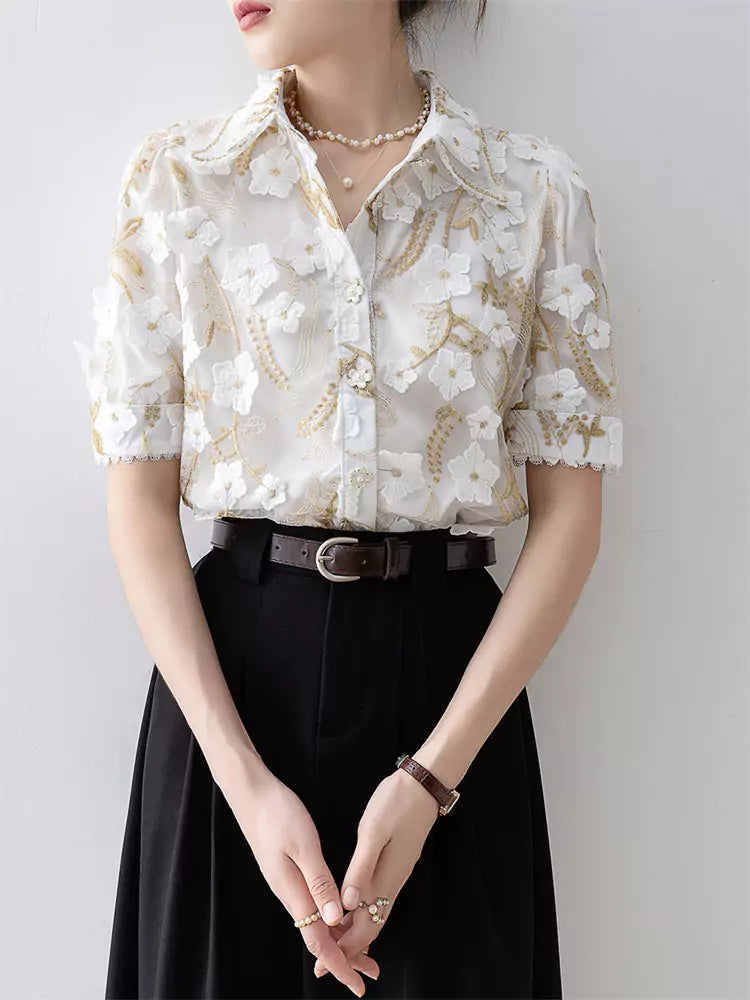 Women's Summer Elegant Floral Embroidered Blouse Short Sleeve