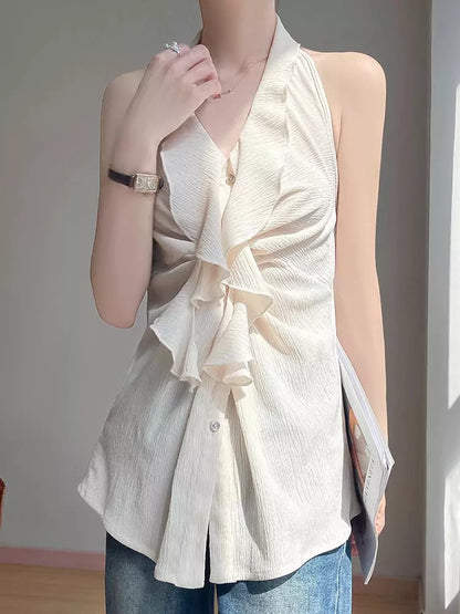 Ärmelloses, schwarzes Tanktop im französischen Stil mit Neckholder für Damen