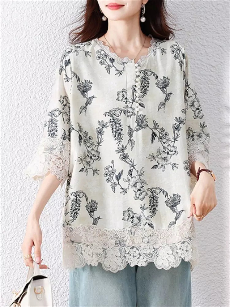 Fashion Printed Lace Patchwork Loose Fit Shirt for Women Plus Size