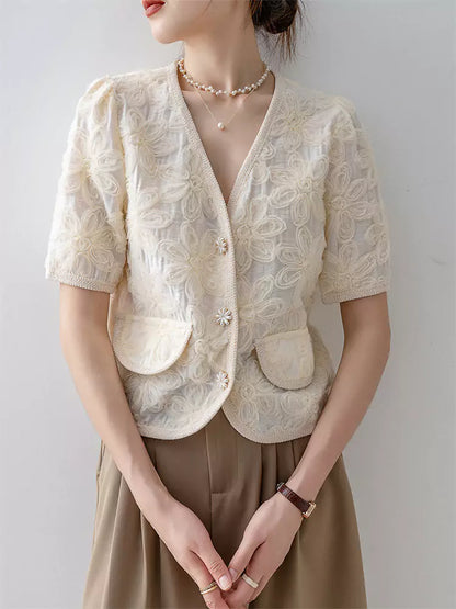 Aprikosenfarbenes Kurzarmhemd im französischen Stil mit V-Ausschnitt und Puffärmeln für Damen