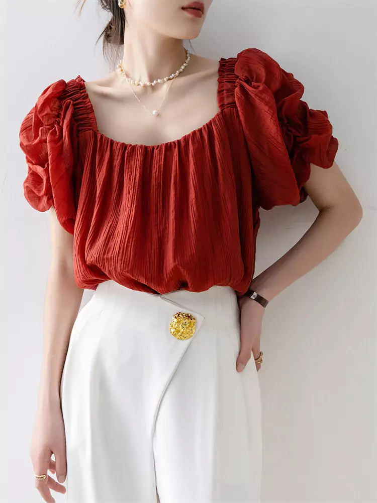 French Style Red Square Neck Chiffon Short Sleeve Shirt for Women