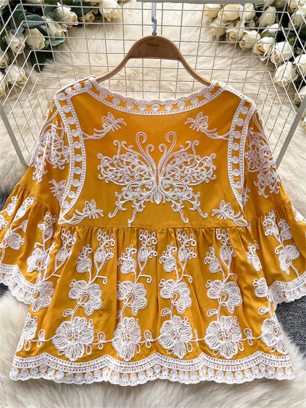 Vintage-Bluse im Boho-Stil, gelb, mit Häkelspitze und 3/4-Ärmeln, für Damen