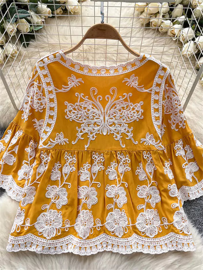 Vintage-Bluse im Boho-Stil, gelb, mit Häkelspitze und 3/4-Ärmeln, für Damen