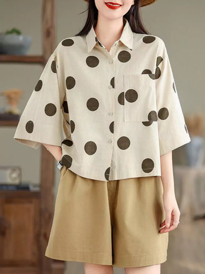 Vintage Polka Dot Cotton Linen Short Sleeve Shirt for Women