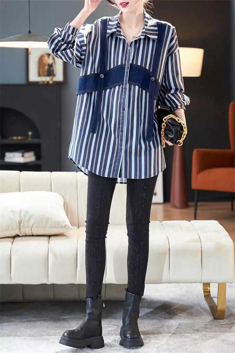 Korean Style Denim Stripe Colorblock Patchwork Long Sleeve Shirt for Women