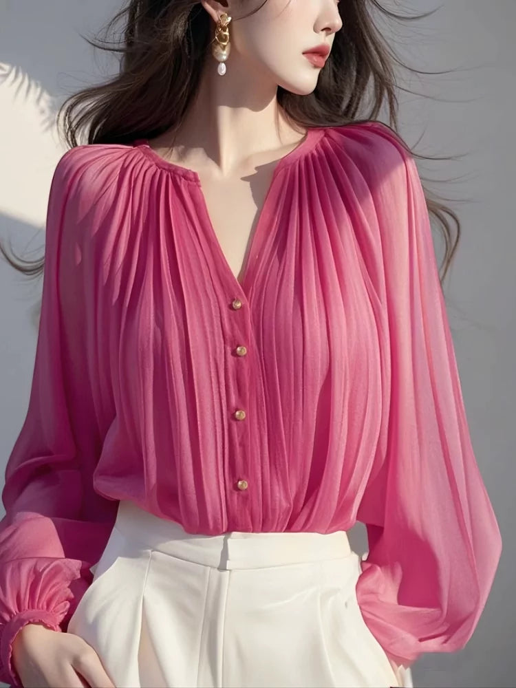 French Style Fuchsia Pink V-neck Chiffon Shirt for Women