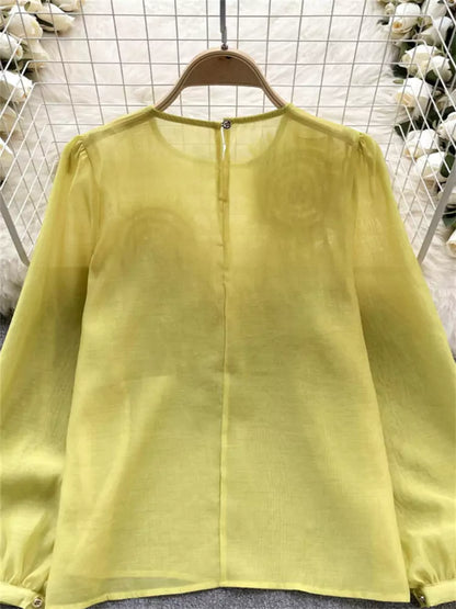 Französische 3D-Blumenbluse mit Puffärmeln und schmaler Passform für Damen