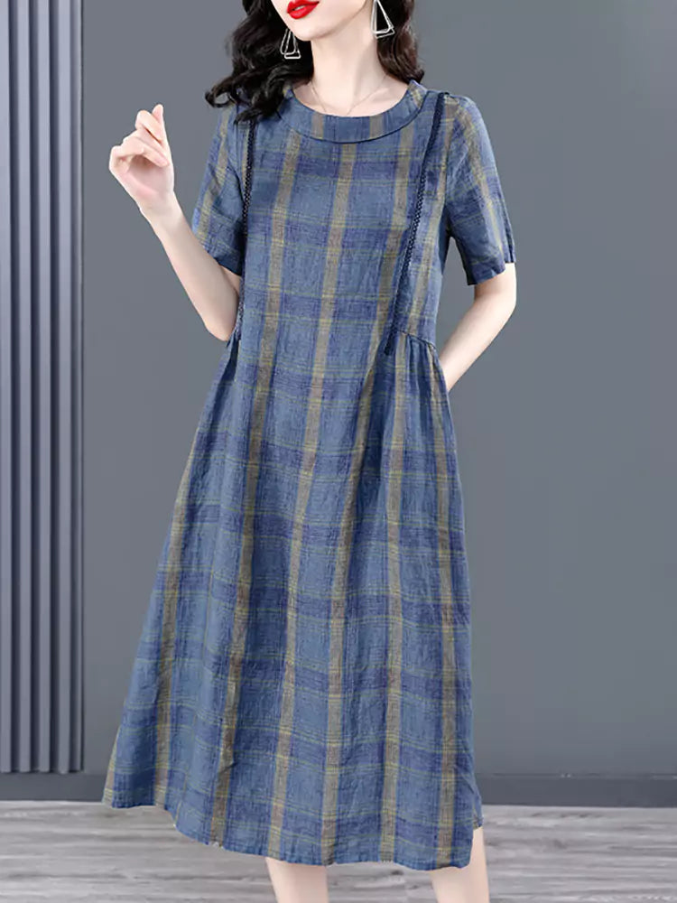 Elegant Plus Size Plaid Short Sleeve Midi Dress for Women