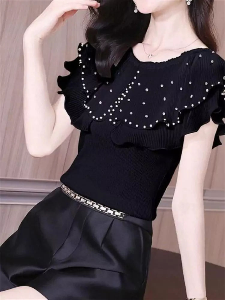 Stylish Cropped Knit Short Sleeve Top with Rhinestone Ruffle Collar for Women