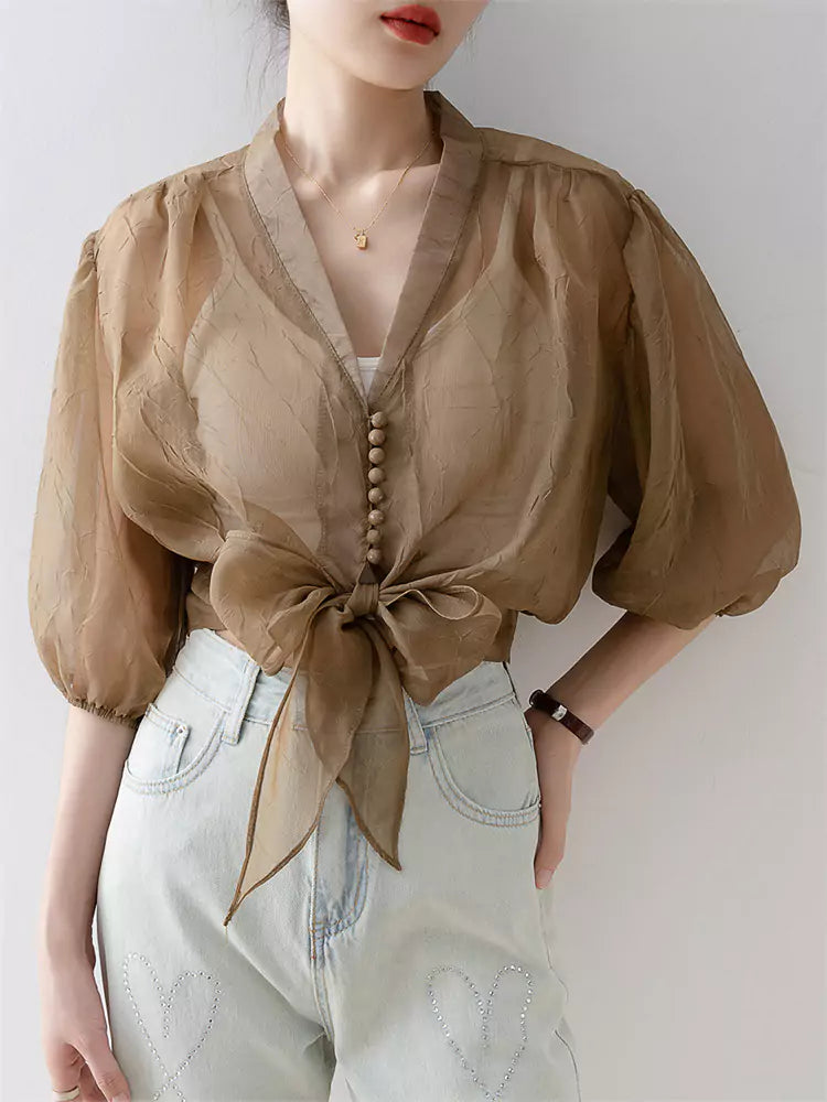 Lightweight V-Neck Chiffon Sun-Protective Blouse with Lantern Sleeves for Women