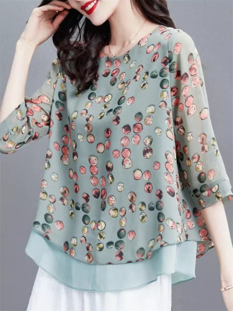 Trendy Plus Size Printed Short Sleeve Chiffon Blouse for Women